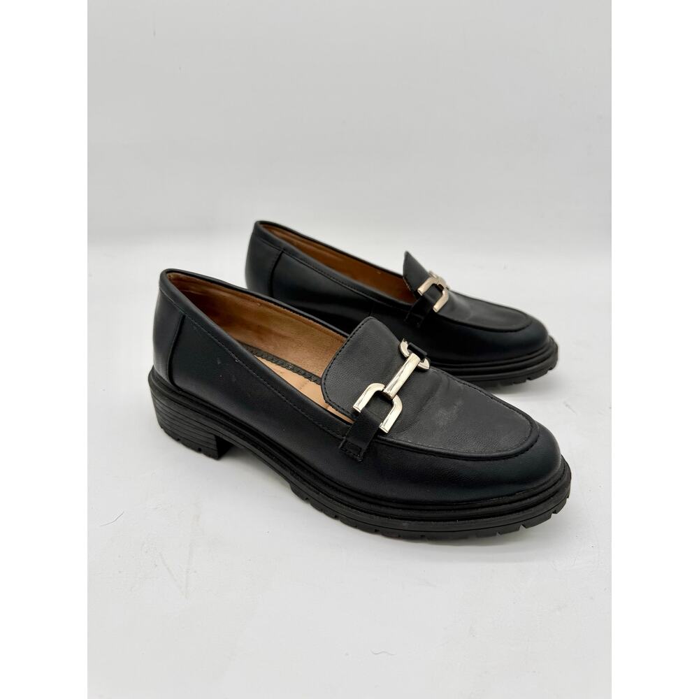 Rachel Zoe Mila Horsebit Black Faux Leather Chunk Sole Loafers Women's Size 8.5